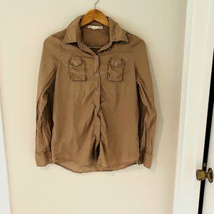 MURMUR Long Sleeve Top with Removable Hood Button Down tan khaki Size Medium